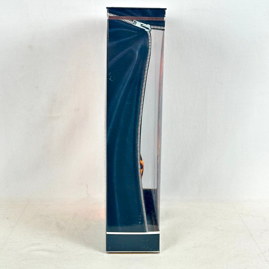 Tall, rectangular blue box with a zipper on a white background
