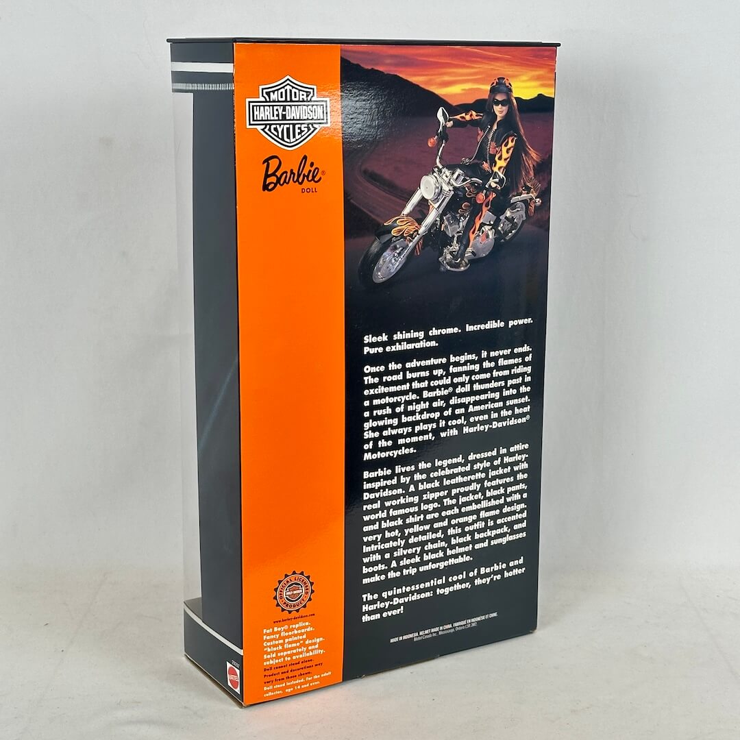 Harley-Davidson Barbie box with a motorcycle and sunset design on a white background