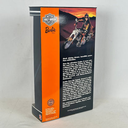 Harley-Davidson Barbie box with a motorcycle and sunset design on a white background