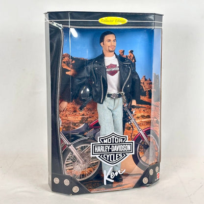 Harley-Davidson-themed action figure in packaging with a motorcycle and desert landscape background.