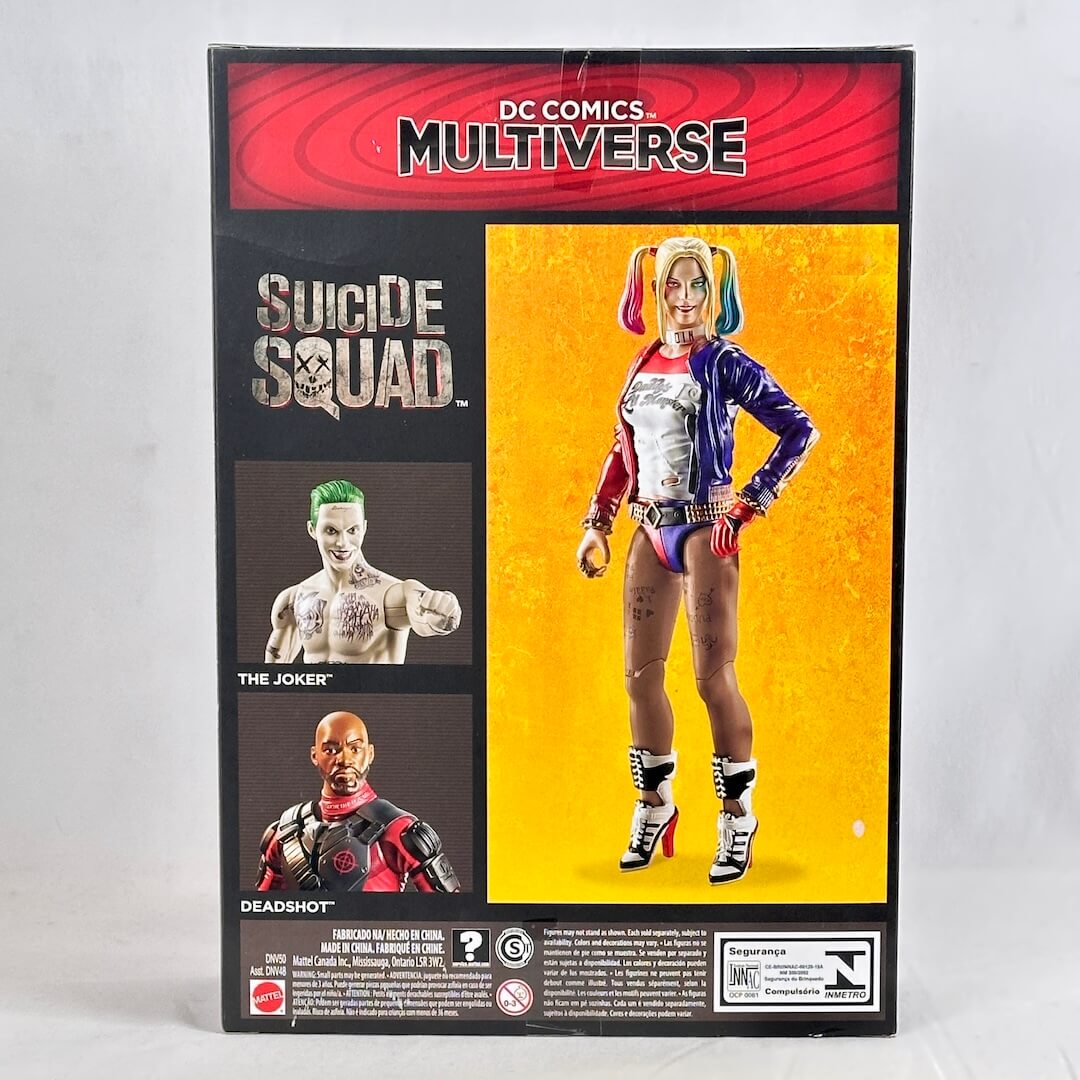 Action figure packaging featuring characters from DC Comics' Suicide Squad on a white background