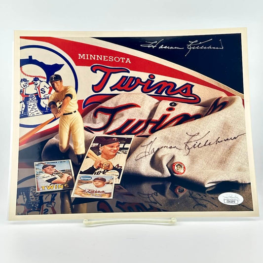 Photograph of memorabilia collage featuring signature of player, JSA authentication sticker in corner. 