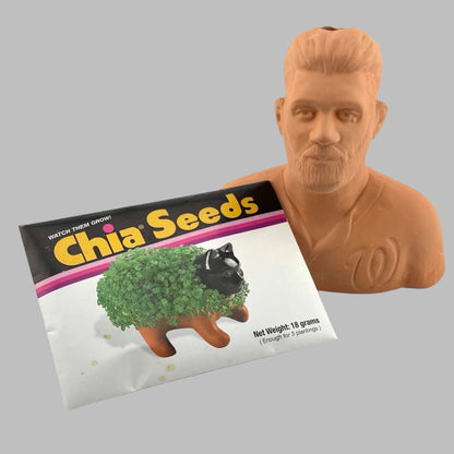 Terracotta bust of Bryce Harper of WA Nationals MLB team, with packet of Chia Seeds. 