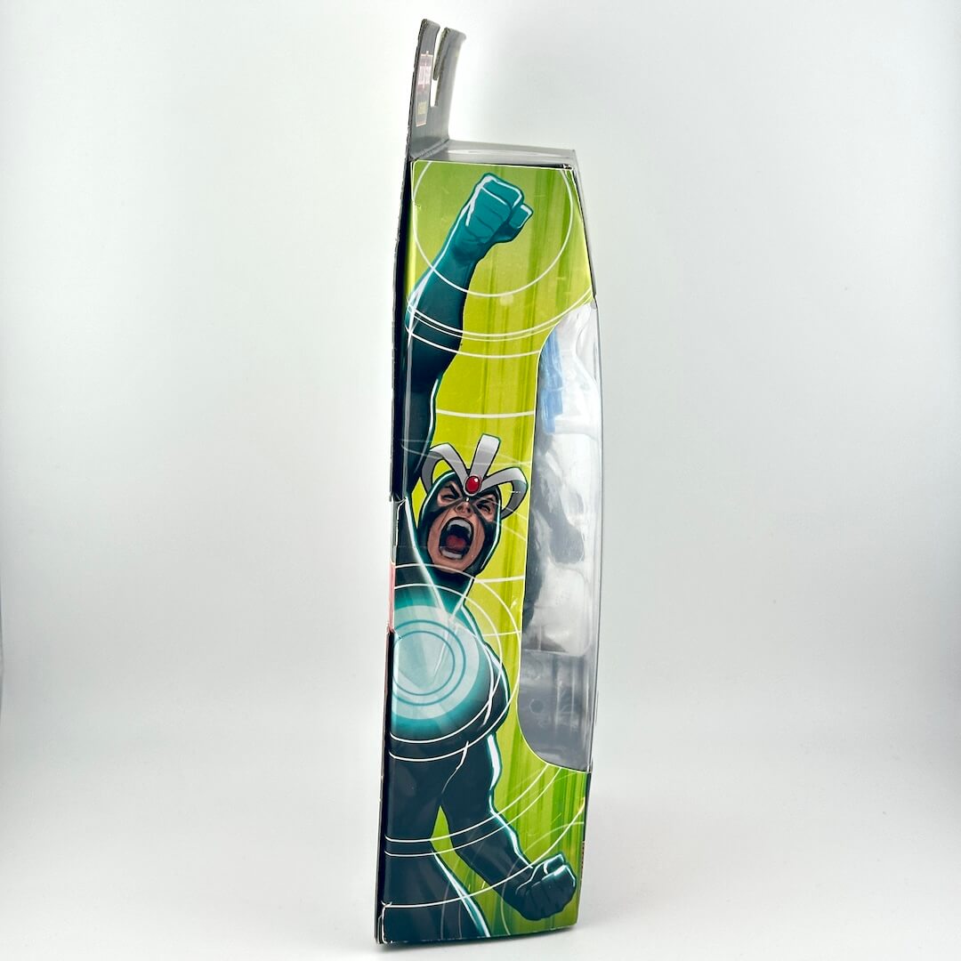 Cartoon character on a green and blue box with a white background