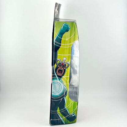 Cartoon character on a green and blue box with a white background