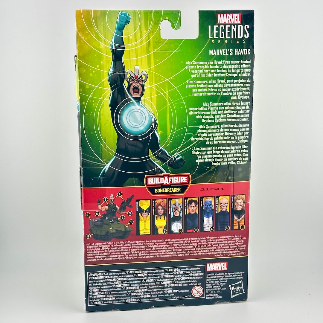 Marvel Legends Havok action figure packaging on a white background