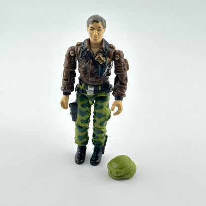 Action figure in military-style outfit with helmet on a white background