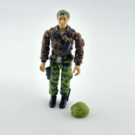 Action figure in military-style outfit with helmet on a white background