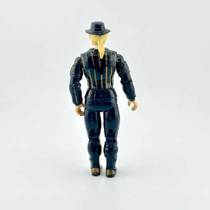 GI Joe action figure in black suit with gold pinstripes, wearing black hat and mask, photographed on white background.