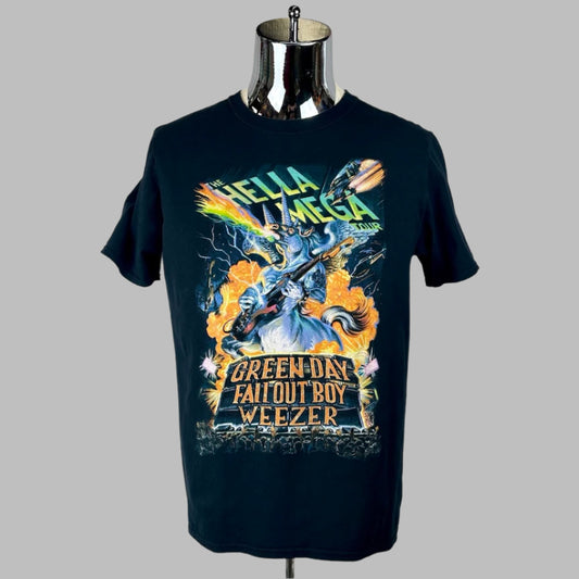 Front of black short sleeved t-shirt with bright unicorn graphic on front beneath tour name and above main headliners. 