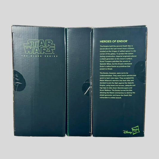 Star Wars The Black Series Heroes of Endor collectible figure packaging, showing the front and back.
