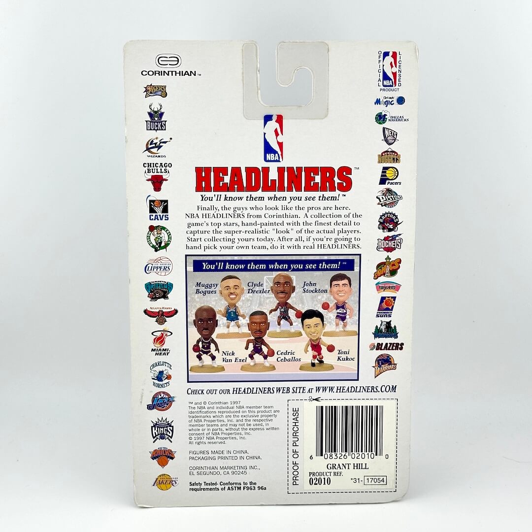Back of a Corinthian Headliners basketball action figure packaging with branding and product details.