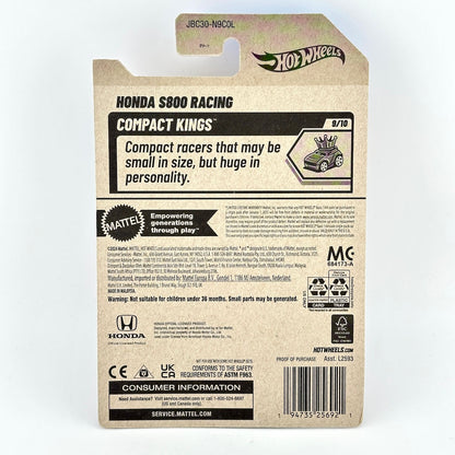 Back of a Hot Wheels Compact Kings Honda S800 Racing toy packaging card.