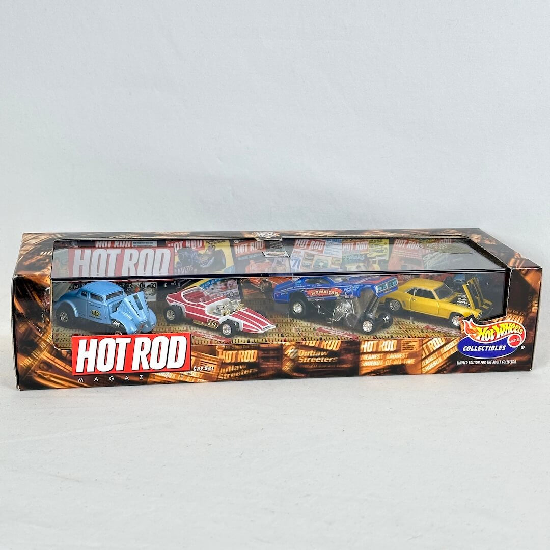 Hot Rods Collectibles toy car set in its original window box packaging, featuring four different die-cast cars.