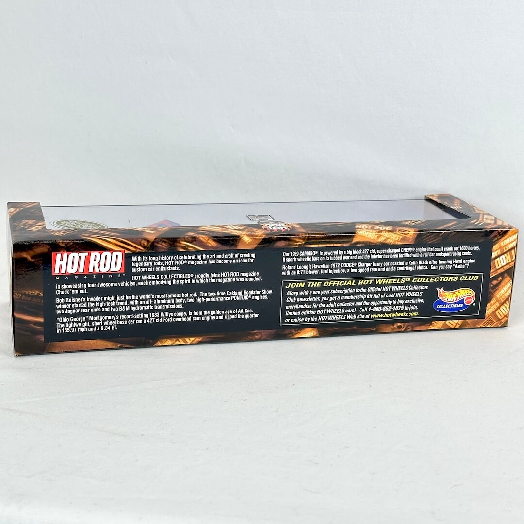 The back of a Hot Rod Racing collectible car box, featuring product specifications, & a Hot Wheels logo.