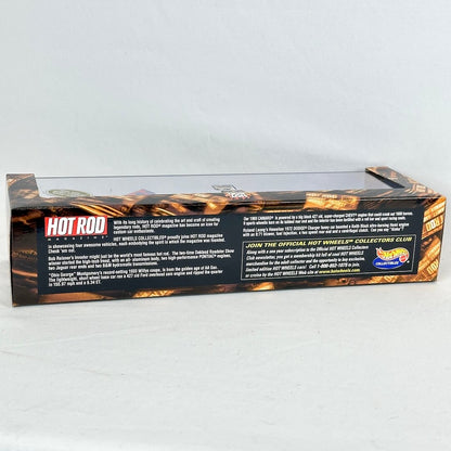 The back of a Hot Rod Racing collectible car box, featuring product specifications, & a Hot Wheels logo.