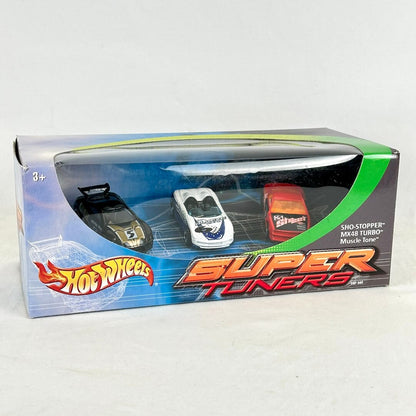 Hot Wheels Super Tuners car set in its original retail packaging, featuring three miniature muscle cars.
