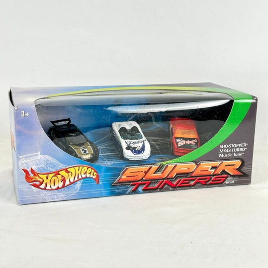 Hot Wheels Super Tuners car set in its original retail packaging, featuring three miniature muscle cars.