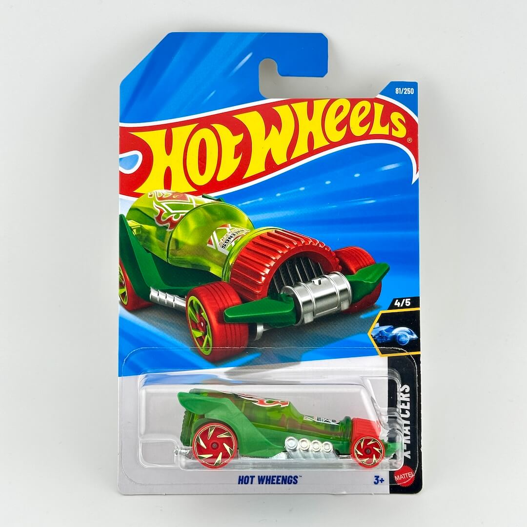 Hot Wheels packaging with green and red hot sauce bottle shaped car in its original blister. 