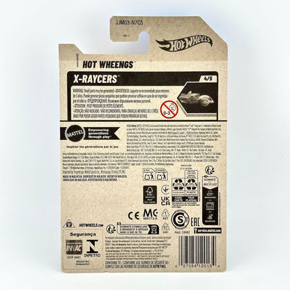 The back of a Hot Wheels X-Raycers toy package, showing product information, warnings, logos, and a barcode.