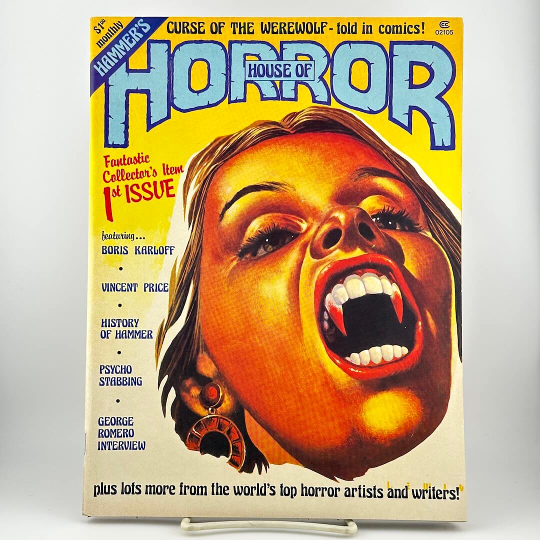 A vintage magazine titled "House of Horror" with a large illustrated screaming face on the cover.