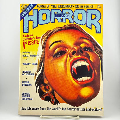 A vintage magazine titled "House of Horror" with a large illustrated screaming face on the cover.
