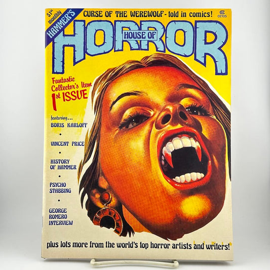 A vintage magazine titled "House of Horror" with a large illustrated screaming face on the cover.