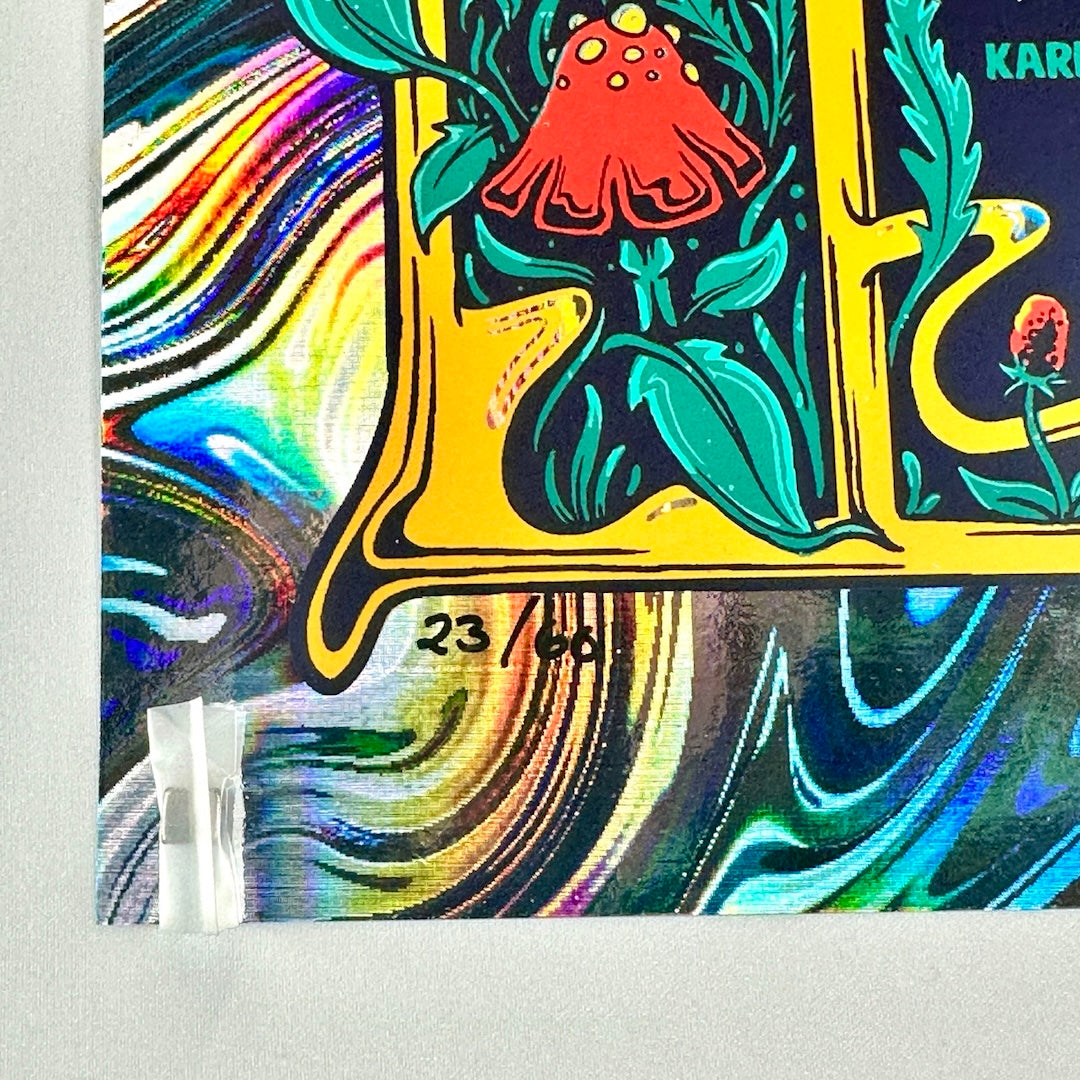 up-close of rainbow foil background. mushroom with leaves. hand written 23/60 on bottom. 