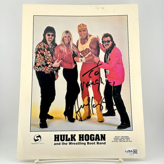 Promotional poster of Hulk Hogan and the Wrestling Boot Band with autograph on a light gray background