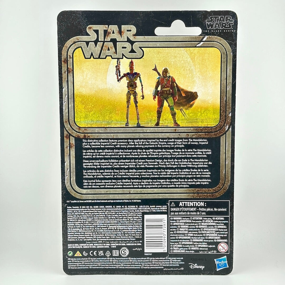 Star Wars The Mandalorian action figure back packaging, featuring a retro-style carded display with Star Wars branding.