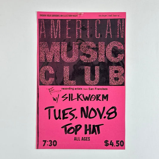 Pink and black poster for American Music Club event with text details.