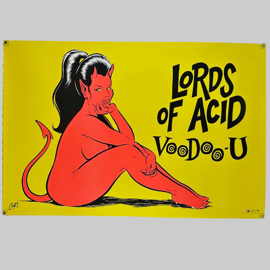 Yellow background poster with red devil woman next to black text for artist and album name. 