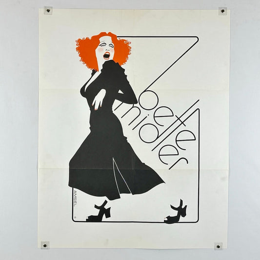 Illustration of Bette Midler with red hair in black dress. 