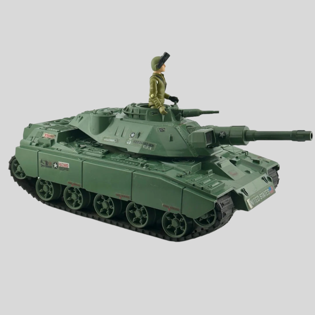 Army green tank with G.I. Joe stickers along the side with helmeted driver. 
