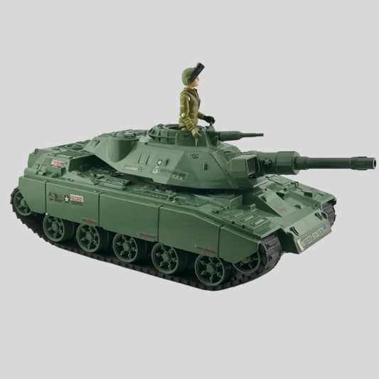 Army green tank with G.I. Joe stickers along the side with helmeted driver. 