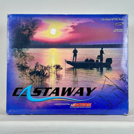 Model boat packaging with sunset scene and 'Castaway' branding