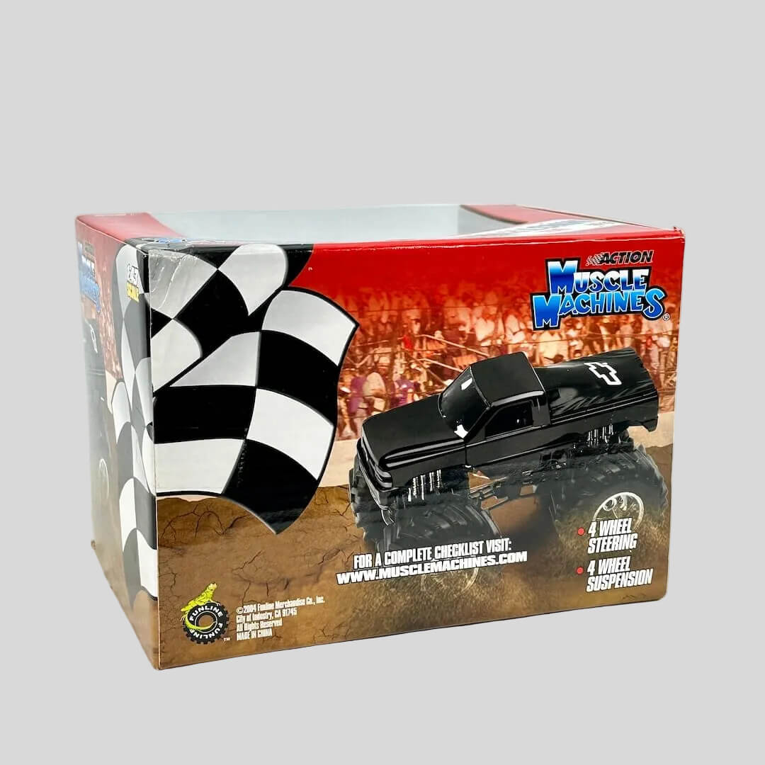 Boxed toy truck with checkered flag design on a white background