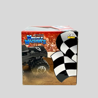Boxed toy truck with checkered flag design on a white background