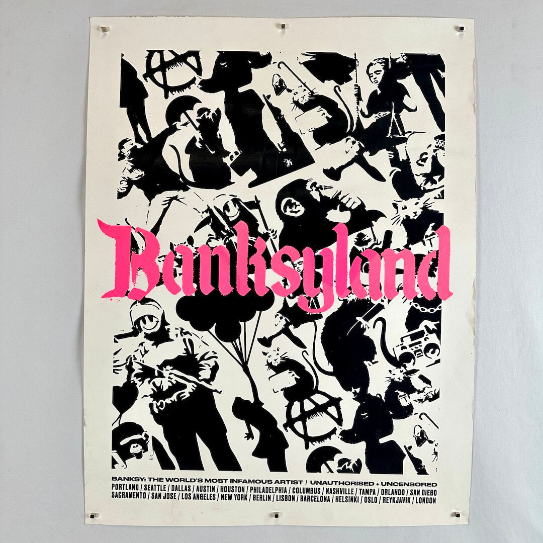 Poster with black and white illustrations and pink text on a light gray background