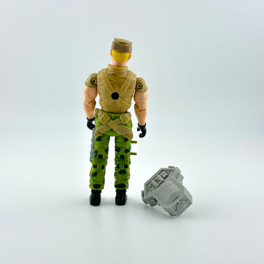Action figure in military-style outfit with a weapon on a white background