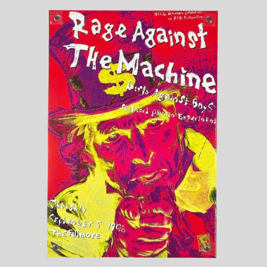 Negative style image of Uncle Sam in purple/pink/yellow colors in the background of concert poster with event info in white text.