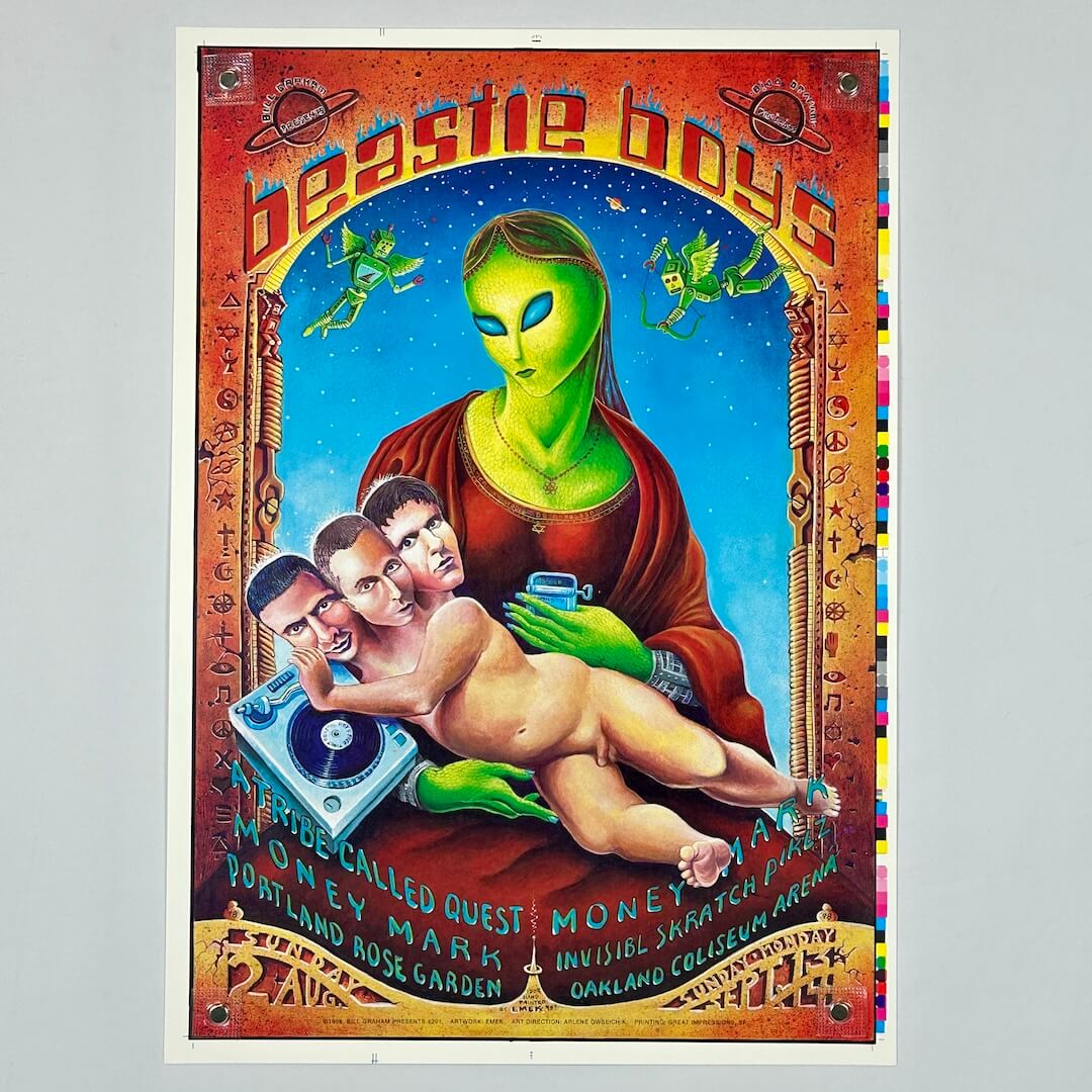Poster of alien as woman saint icon holding three-headed baby & sardine can. Baby is holding turnstile. Stone looking border.