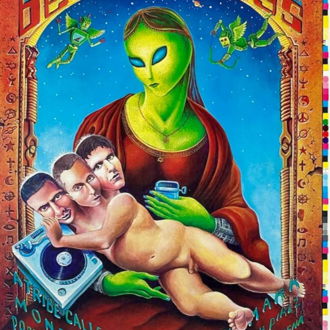 Close up of center image of religious icon style alien holding sardine can and a three headed baby with turnstile. 
