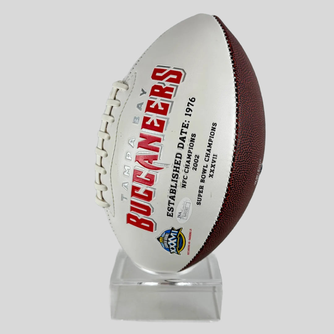 Football with Tampa Bay Buccaneers branding on a white background