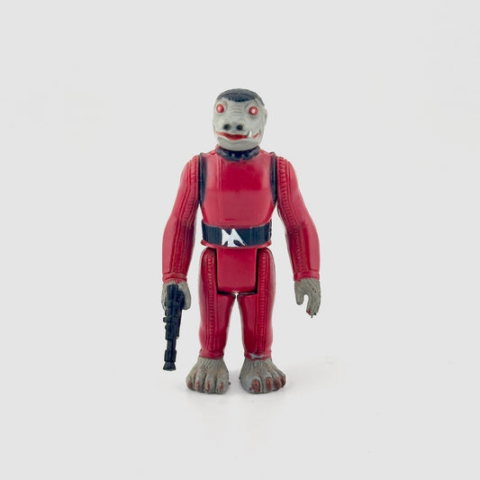 Action figure with red suit and gray feet on a white background