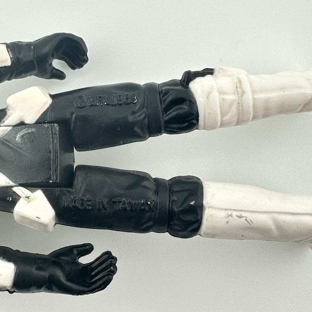 Close-up of back of figure's legs to show COO and copyright information. 