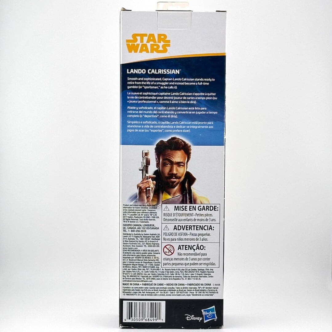 Box packaging of a Star Wars Lando Calrissian figure with branding and product details.