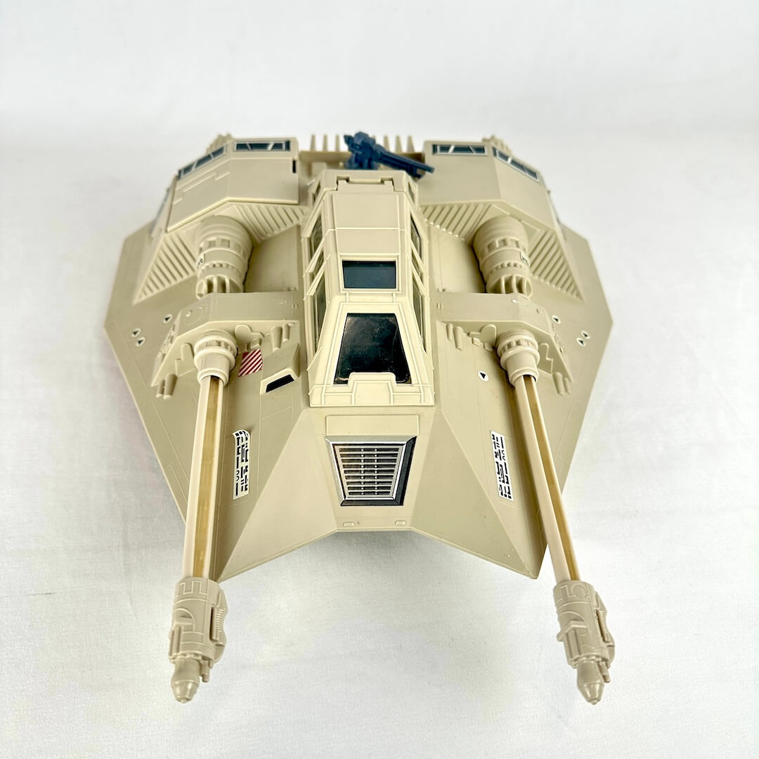 Toy snowspeeder model/toy on a white background, front view. 