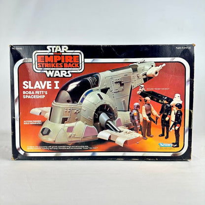 Vintage 'Star Wars' Slave I toy box with characters on a white background