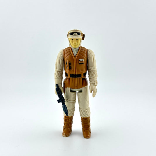Action figure of soldier in Hoth fatigues holding dark blue gun against white background.